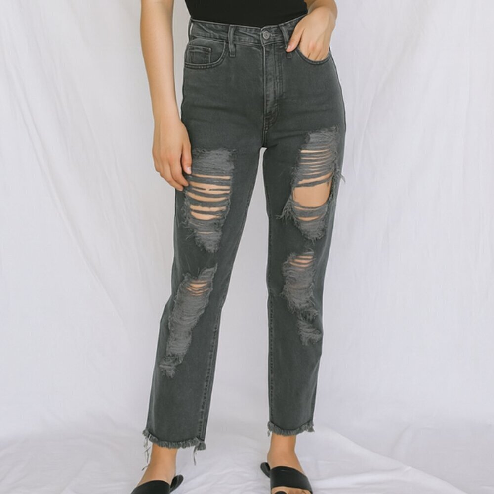 Mossimo Supply Co Women's Gray Wash Denim Distressed High Rise Mom Jean 4/27
